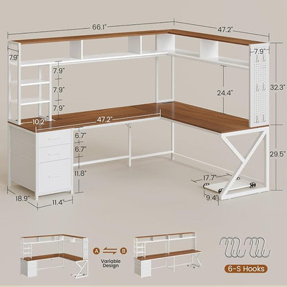 SEDETA L Shaped Gaming Desk with Storage Drawers and Hutch, Convertible 94.5" Computer Desk with Drawers, Corner Computer Desk with Power Outlet, LED Lights, Pegboard for Home Office, White and Brown