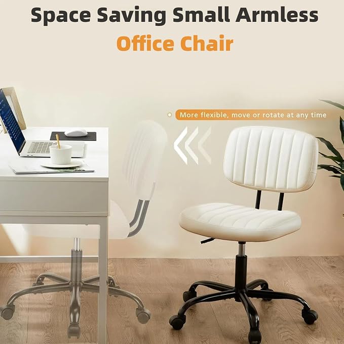 HealSmart Small Office Desk Chair with Wheels, Armless Desk Chair with Lumbar Support, PU Leather Low Back Adjustable Height 360° Rolling Swivel Task Chair Without Arm for Home, Bedroom,Office, White