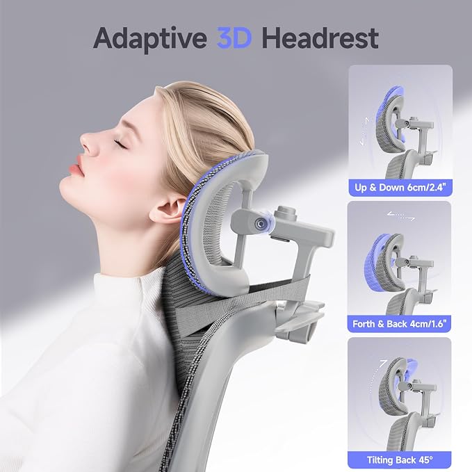 Ergonomic Office Chair with 3D Headrest, Computer Chair with Adjustable Backrest & 3D Armrest, Gaming Chair with Adaptive Lumbar Support, Mesh Backrest & Cushion, Grey
