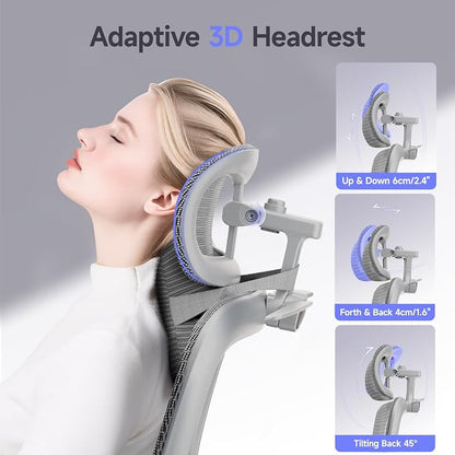 Ergonomic Office Chair with 3D Headrest, Computer Chair with Adjustable Backrest & 3D Armrest, Gaming Chair with Adaptive Lumbar Support, Mesh Backrest & Cushion, Grey