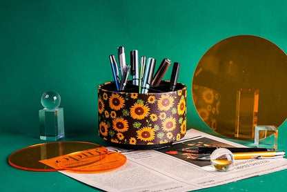 Round Leather Art Supply Organizer,Remote Control Holder,360 Degree Rotating,Multi-Functional Pencil Holder,4 Compartments Desktop Stationary Organizer(1-Sunflower)
