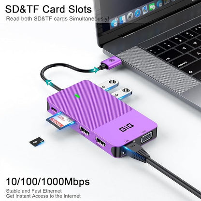 USB Docking Station GIQ USB C HUB USB 3.0 to Dual HDMI VGA Adapter Triple Display USB C Laptop Docking Station Dual Monitor HDMI Splitter Extender Compatible with MacBook M1 M2 M3 M4 M5 USB Dock