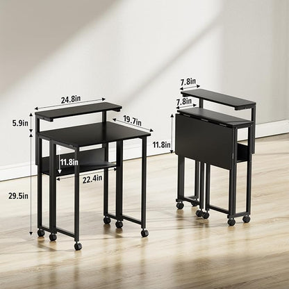GreenForest Folding Desk with Adjustable Monitor Stand, 24.8 in Small Desk | Storage Shelf, Lockable Wheels, Portable, Space Saving, Mobile Rolling Table for Small Spaces, Home Office, Writing, Black