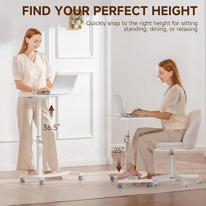 GTPLAYER Small Standing Desk, 24 Inches Foldable Mobile Rolling Laptop PC Table with Lockable Casters, Adjustable Height Overbed Bedside Table Computer Workstation for Home Office, White-Foldable