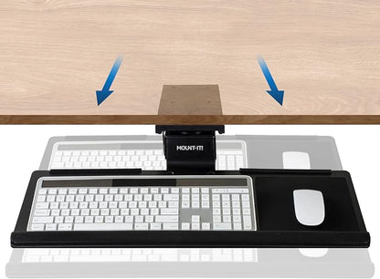 Mount-It! Under Desk Keyboard Tray, Adjustable Slide-Out Keyboard & Mouse Platform, 26.38" W × 10" D, Ergonomic Wrist Rest, Height Tilt & Swivel, Heavy-Duty Bolt-On Keyboard Drawer for Home Office