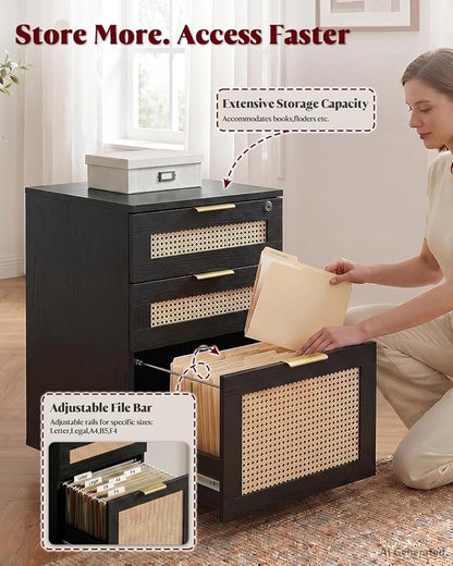 HOPUBUY 3 Drawer File Cabinet with Lock, Small Rattan Filing Cabinets with Wheels, Wood Rolling Office Storage for Under Desk Home Office,Black