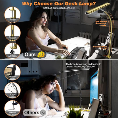 Airlonv LED Desk Lamp for Office Home, Eye-Caring Desk Light with Stepless Dimming Adjustable Flexible Gooseneck, 10W USB Adapter Desk Lamp with Clamp for Reading, Study, Workbench (Gold)