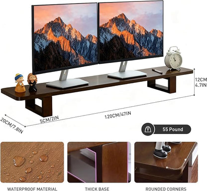 Dual Monitor Stand Riser, 47Inch Solid Wood Desktop Organizer with Non-Slip Pads, Holder for 2 Monitors, Laptops, TV, PC, Printer, Walnut Finish