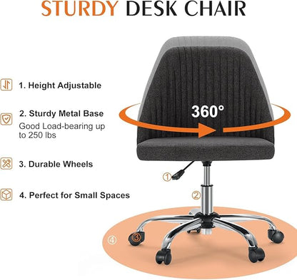 Simple Deluxe Armless Office Desk Chair, Modern Cute Swivel Vanity Chair Comfy Home Office Chairs with Wheels Height Adjustable Rolling Computer Task for Living Room, Make-up, Bedroom, Dark Grey