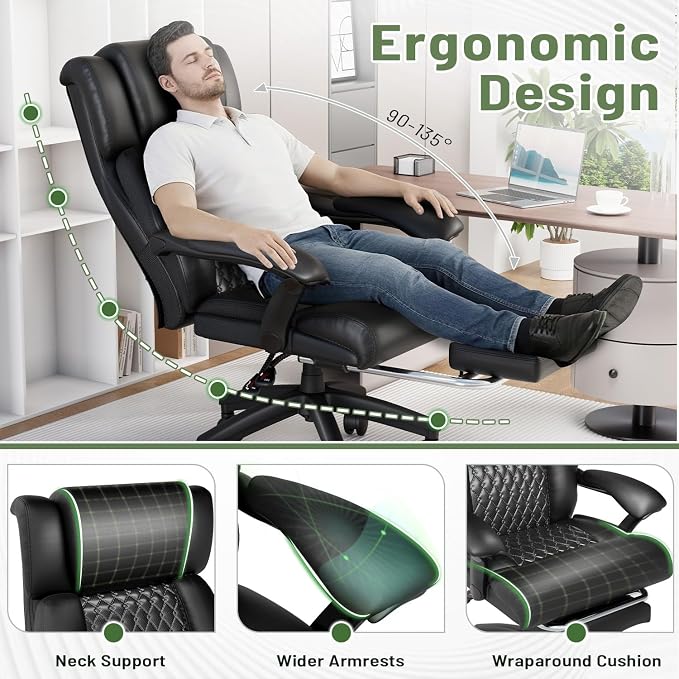 HOMREST Big and Tall Office Chair, 500lbs Heavy Duty Chair with Adjustable Lumbar Support & Backrest, Ergonomic Executive Leather Office Chair with Wide Armrests and Wheels, Black