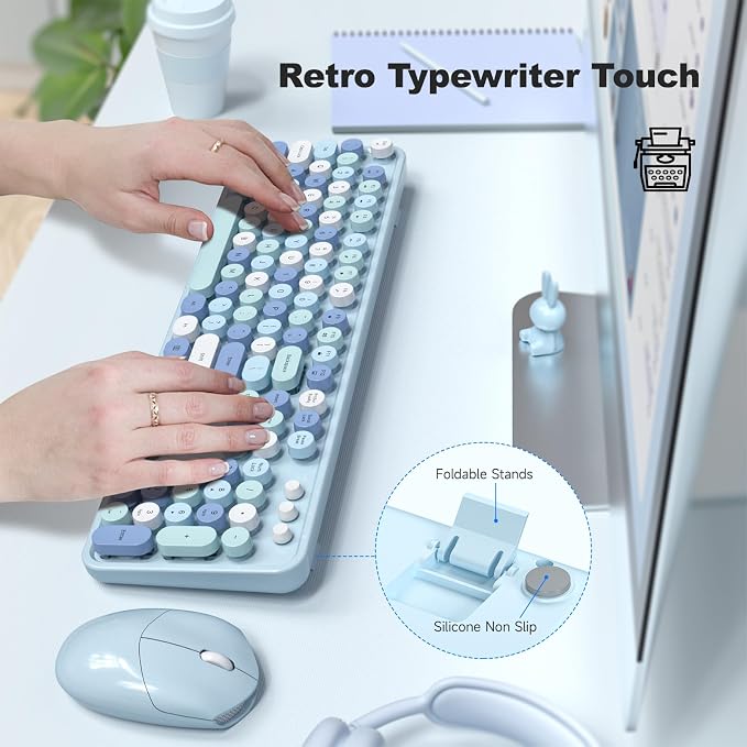 Wireless Keyboard and Mouse Combo, 2.4GHz Retro Full-Size Typewriter Keyboard with Number Pad and Wireless Mouse for PC/Laptop/Desktop/Windows (Pale Blue)