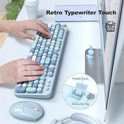 Wireless Keyboard and Mouse Combo, 2.4GHz Retro Full-Size Typewriter Keyboard with Number Pad and Wireless Mouse for PC/Laptop/Desktop/Windows (Pale Blue)