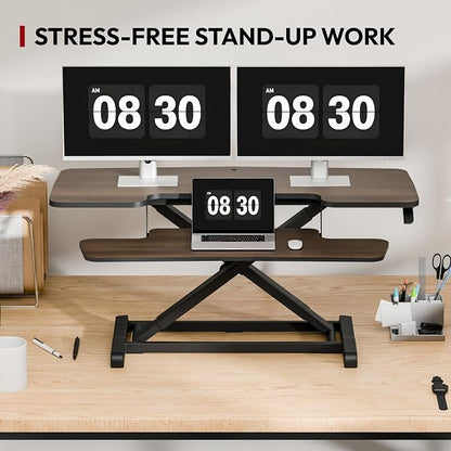 SANODESK 42" Standing Desk Converter, Large Sit-Stand Riser for Dual Monitors & Laptop, Stable Multi-Device Workstation with Keyboard Tray, Home Office Desktop Converter, Walnut