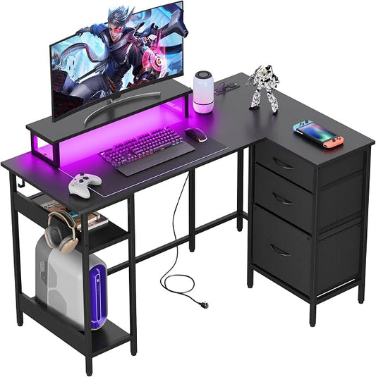 DEVAISE 48 Inch L Shaped Gaming Desk with Drawers and Storage, Corner Desk with LED Lights, Power Outlets, Computer Desk with Monitor Stand, Office Desk for Home, Black