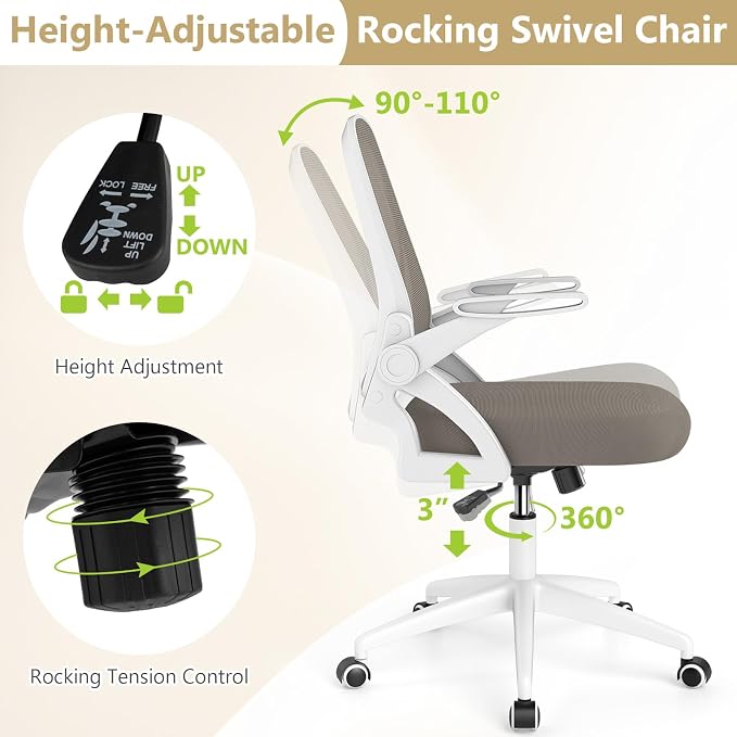 Giantex Mesh Office Chair, Ergonomic Desk Chair with Flip-up Arms & Lumbar Support, Height Adjustable Swivel Computer Desk Chair with High Back for Home Office (Khaki)