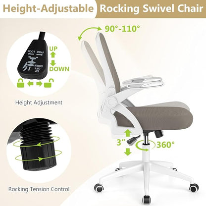 Giantex Mesh Office Chair, Ergonomic Desk Chair with Flip-up Arms & Lumbar Support, Height Adjustable Swivel Computer Desk Chair with High Back for Home Office (Khaki)