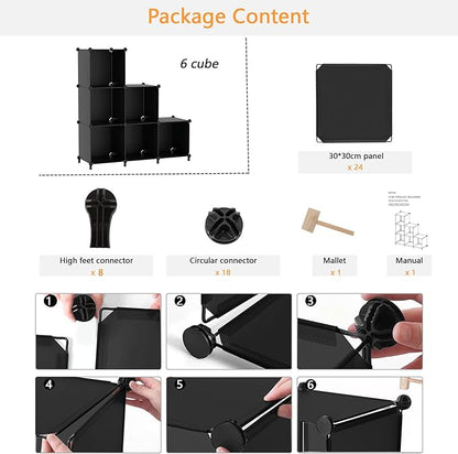 AWTATOS Cube Storage Organizer, Storage Cubes Shelves Bookshelf, 6 Cube Closet Organizers and Storage, DIY Stackable Plastic Clothes Organizer Shelving for Bedroom, Home, Black