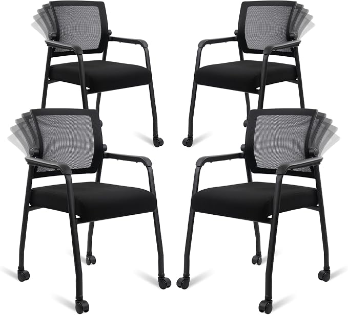 KLASIKA Waiting Room Chairs with Wheels, Adjustable Mesh Backrest, Desk Chair with Ergonomic Lumbar Support and Thickened Seats Cushion, 4 Pack Black