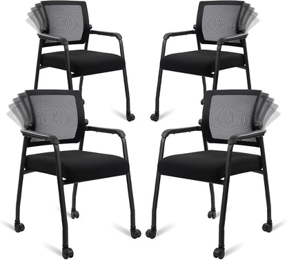 KLASIKA Waiting Room Chairs with Wheels, Adjustable Mesh Backrest, Desk Chair with Ergonomic Lumbar Support and Thickened Seats Cushion, 4 Pack Black