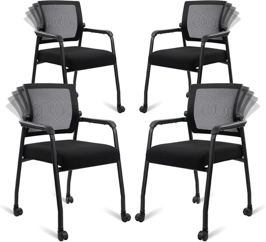 KLASIKA Waiting Room Chairs with Wheels, Adjustable Mesh Backrest, Desk Chair with Ergonomic Lumbar Support and Thickened Seats Cushion, 4 Pack Black