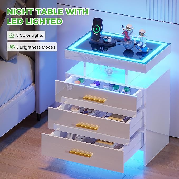 HNEBC LED Nightstand with Charging Station,Smart Bedside Table with Motion Sensor Lights,3 Drawers,Tempered Glass Top,High Gloss End Table with 3 Color Lights for Bedroom, Living Room,Office-White