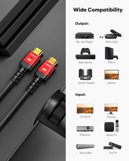Highwings 8K 10K HDMI 2.1 Cable 6.6FT/2M 2-Pack, Ultra High Speed HDMI Cable Braided Cord-4K@120Hz 8K@60Hz, DTS:X, HDCP 2.2 & 2.3, HDR 10 Compatible with Roku TV/HDTV/Blu-ray