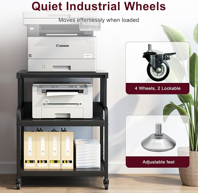 Large Printer Stand for Home Office, 23.6" x 18.9" Printer Table with Storage, Rolling Printer Cart with Wheels, Shelf for 3D Laser Inkjet Printer, Scanner, Fax, Black
