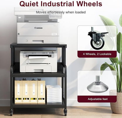 Large Printer Stand for Home Office, 23.6" x 18.9" Printer Table with Storage, Rolling Printer Cart with Wheels, Shelf for 3D Laser Inkjet Printer, Scanner, Fax, Black