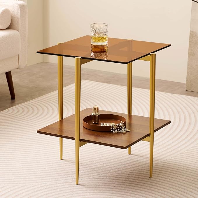 LumFurn Glass End Table, Mid-Century Modern Design Sofa Table, L18 x W18 x H23, for Living Room, 2-Tier Structure, Amber Glass Top and Walnut MDF Shelf, Sleek Conical Metal Legs with Gold Finish Frame