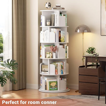 Besiost Rotating Bookshelf Tower, 5 Tier Spinning Bookcase, Revolving 360 Book Shelf Narrow Tall Bookcase, Vertical Turning Round Bookshelf Organizer, Wood Corner Book Shelf for Small Space, White