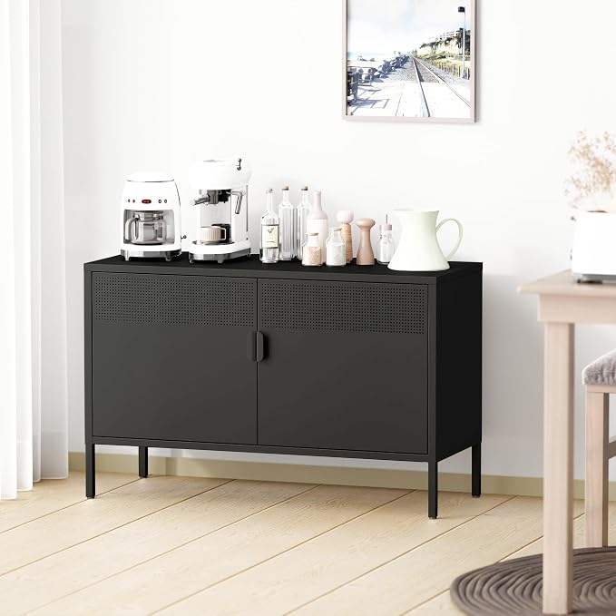 Chshin Metal Storage Cabinet with Doors,Black Accent Cabinet,Metal Locker Storage Cabinets,2 Door TV Media Stand with Removable Shelves for,Home,Office,Entryway,Living Room