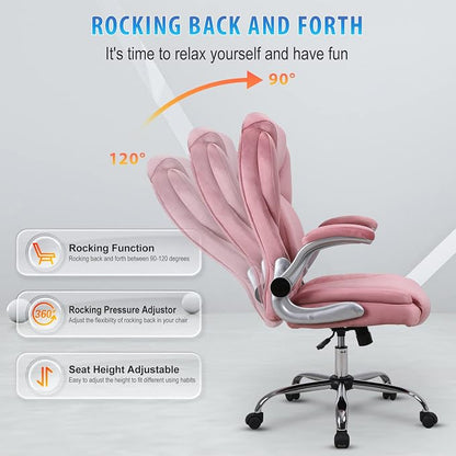 Lumbar Support Executive Office Chair, Ergonomic Velvet Desk Chair, High Back Office Chairs with Wheels Flip up Armrs, Back Support Home Computer Chairs for Women, 90°-120° Rocking (Pink)