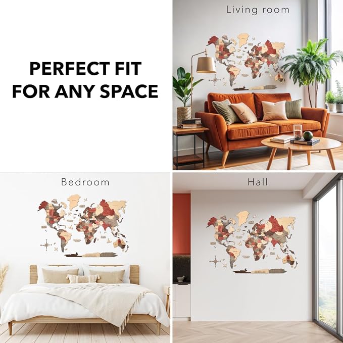 Enjoy The Wood 3D Wooden World Map Wall Art - Large Travel Map with Pins for Art Decor - Decorative Map of the World for Home, Office - Travel Wall Art Housewarming Gift Idea (Fusion, L, Unframed)