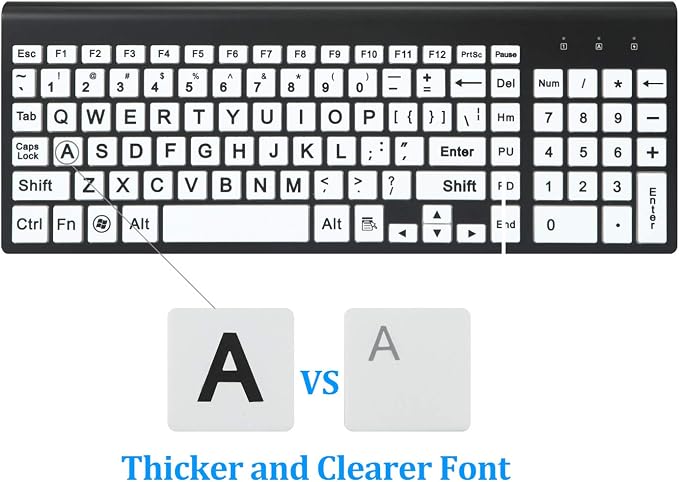 Full Size Large Print 2.4g Wireless Keyboard and Mouse with Oversized Print for Visually Impaired Low Vision Individuals (Black)