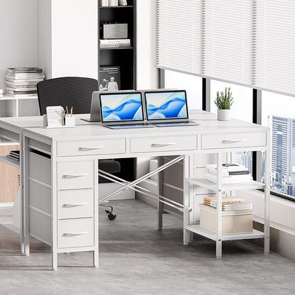 55" Computer Desk with 6 Drawers, Home Office Gaming Desks with Storage Shelves for Bedroom, Writing Study Corner Living Room Work Table White