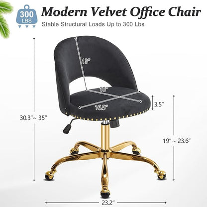 VINGLI Modern Velvet Small Office Chair,Cute Desk Chair with Wheels,Gold Base/Studs, Comfy Armless Swivel Vanity Task Chair for Women/Girl/Kids, Nail Tech Chair for Bedroom,Small Space,Black