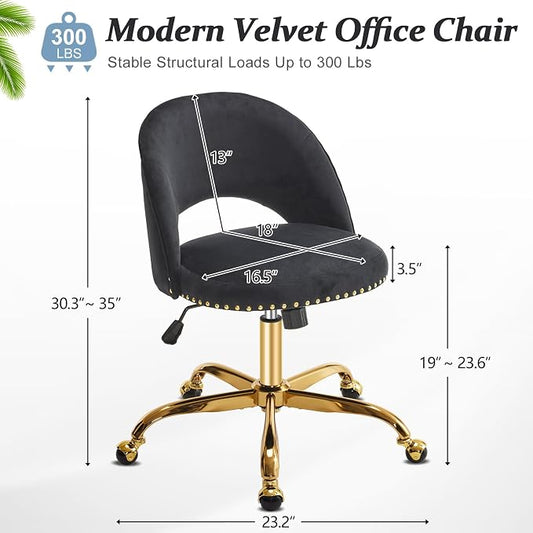 VINGLI Modern Velvet Small Office Chair,Cute Desk Chair with Wheels,Gold Base/Studs, Comfy Armless Swivel Vanity Task Chair for Women/Girl/Kids, Nail Tech Chair for Bedroom,Small Space,Black