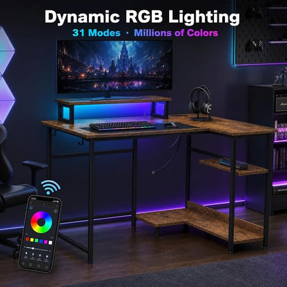 DEVAISE Compact 43" L Shaped Gaming Desk with LED Lights and Power Outlets - Corner Computer Table with Monitor Stand and Storage Shelves for Work and Gaming, Rustic Brown
