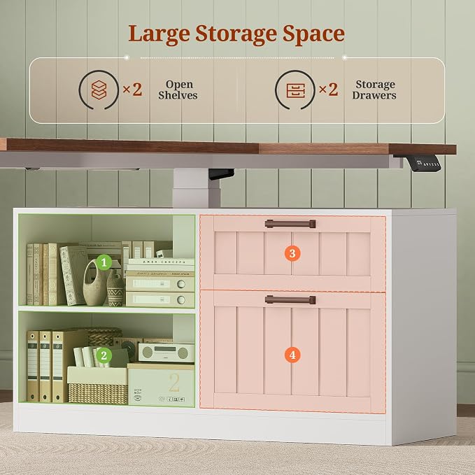 UPOSOJA 59" Farmhouse L Shaped Standing Desk with File Drawers, Electric Executive Desk Adjustable Height with Power Outlets, Storage Shelves, Sit Stand Corner Computer Desk for Home Office, White