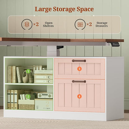 UPOSOJA 59" Farmhouse L Shaped Standing Desk with File Drawers, Electric Executive Desk Adjustable Height with Power Outlets, Storage Shelves, Sit Stand Corner Computer Desk for Home Office, White