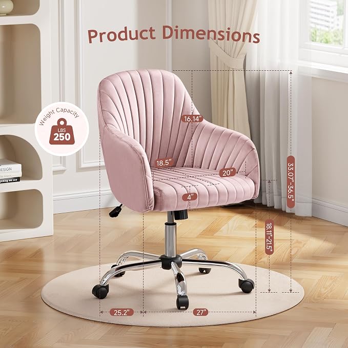 Warmiehomy Velvet Vanity Chair with Back, Desk Chair for Home Office, Comfy Cute Makeup Chair with Arm Rest for Bedroom, Office Furniture, Blush Pink