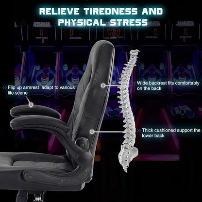 Sweetcrispy Computer Gaming Desk Chair: Big Tall Ergonomic Lumbar Support with Flip-up Armrest and 360° Swivel Wheels, PU Leather Height Adjustable, for Home and Office, Black