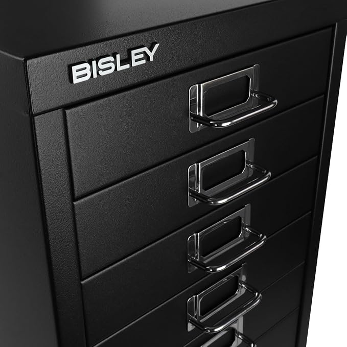 Bisley 10-Drawer Steel MultiDrawer Cabinet - Black | Chrome Pull Handles with Label Holders, Powder-Coated Steel, Removable Drawers, Fits Under Most Desks, Labels Included