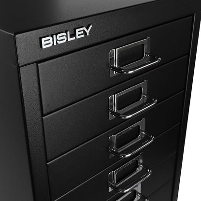 Bisley 10-Drawer Steel MultiDrawer Cabinet - Black | Chrome Pull Handles with Label Holders, Powder-Coated Steel, Removable Drawers, Fits Under Most Desks, Labels Included