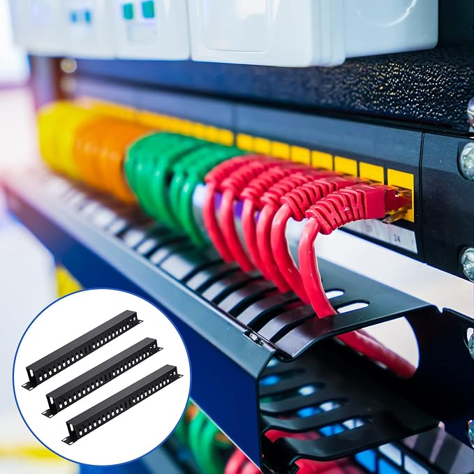Leinuosen 2 Pack 1U 19'' Cable Manager 24 Slot Horizontal Rack Mount Wire Management Server Rack Cable Management Metal Finger Duct Wire Organizer with Cover and Mounting Screws for Network Cabinet