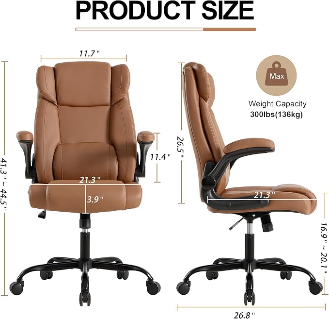 Office Desk Chair,Ergonomic Conference Room Chairs,Mid Back Executive Leather Chair,Comfy Computer Desk Chairs with Adjustable Flip-Up Arms and Rocking Function (Brown)