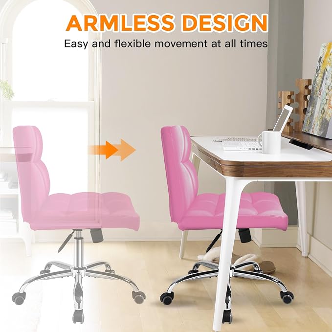 Pink Office Chair with Wheels - 360° Swivel Armless Back Support，Comfortable Pu Adjustable Rolling Desk Chairs for Office，Home，Vanity，Bedroom，Big Space (Widened Pink)