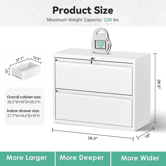 Bonusall Lateral File Cabinet with Lock, 2 Drawer Locking Lateral Filing Cabinet for Legal/Letter Size, Metal Horizontal File Organizer with Hanging Rack for Home Office, Heavy Duty, White