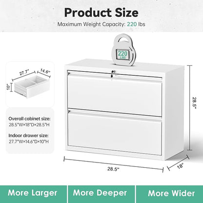 Bonusall Lateral File Cabinet with Lock, 2 Drawer Locking Lateral Filing Cabinet for Legal/Letter Size, Metal Horizontal File Organizer with Hanging Rack for Home Office, Heavy Duty, White