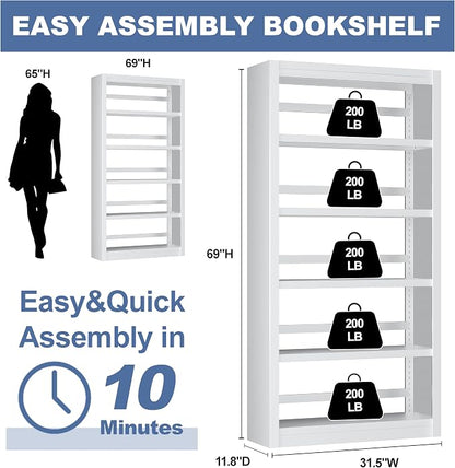 VASAAOSD Metal Bookshelf - Adjustable White Bookcase, 5 Tier Book Shelf, Heavy Duty Sturdy Book Case, Modern Bookshelves and Bookcases for Home Office, Living Room, Bedroom, Library(69" H)